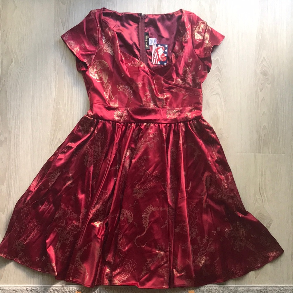 Laura Byrnes red satin witchy print swing dress, size XL